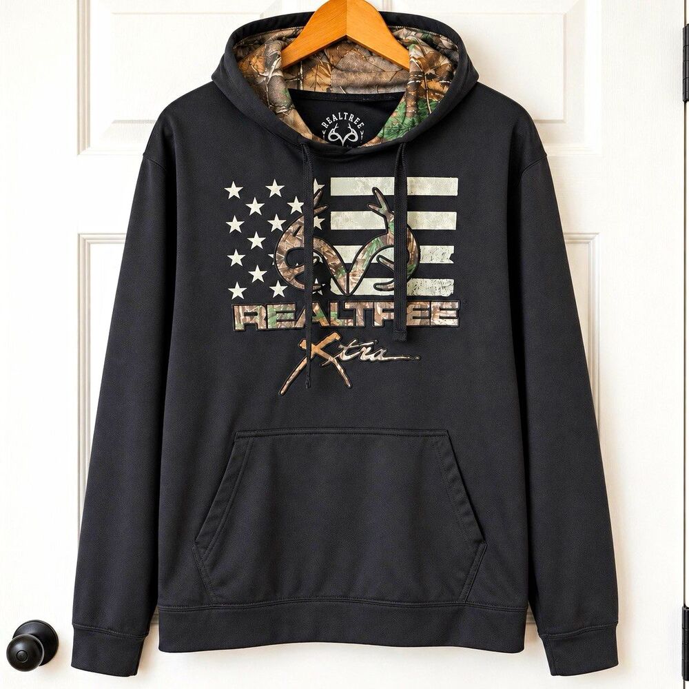 Realtree Xtra Men’s L Black Pullover Fleece Hoodie USA Flag Camo Logo Pockets